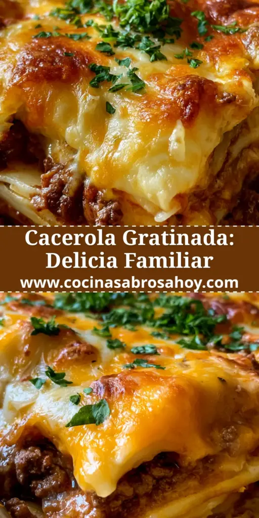 Cacerola Carne y Patatas: El Gratinado de Queso Más Irresistible y Sabroso 4 Primer plano cenital de una cacerola carne y patatas burbujeante con queso cheddar y mozzarella fundido en fuente de cerámica rústica.
