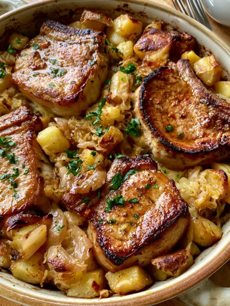 Primer plano de chuletas de cerdo selladas con chucrut y semillas de mostaza. (cazuela chuletas y chucrut)