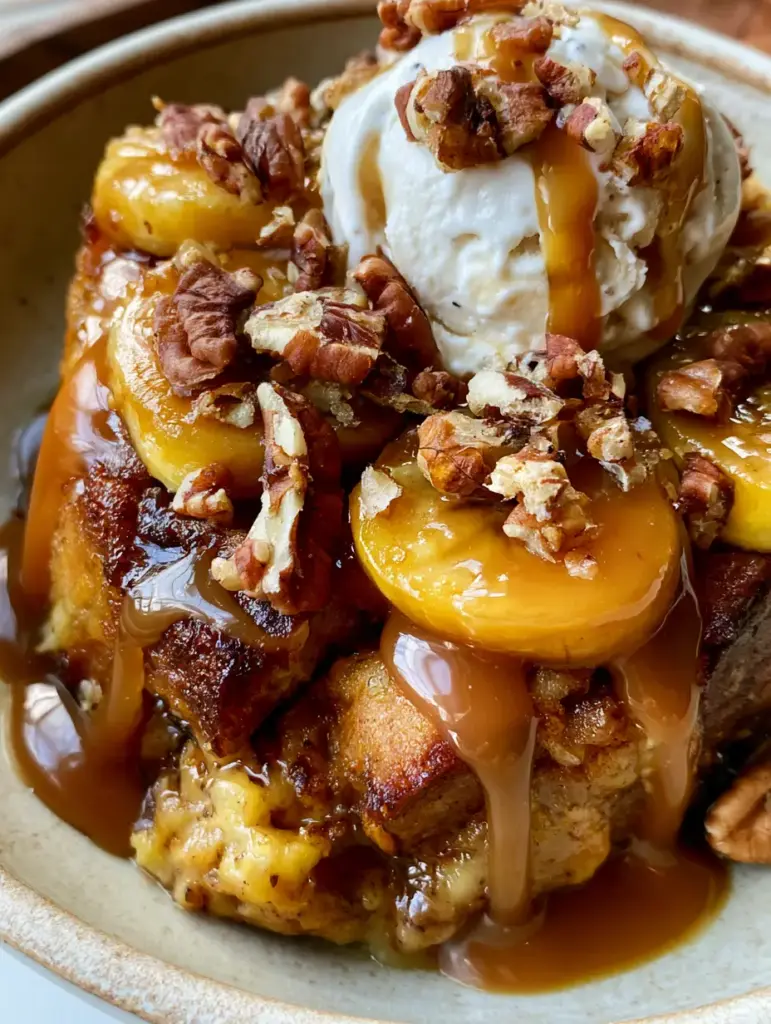 Detalle de los plátanos caramelizados y las nueces tostadas sobre la textura dorada del pudín bananas foster.