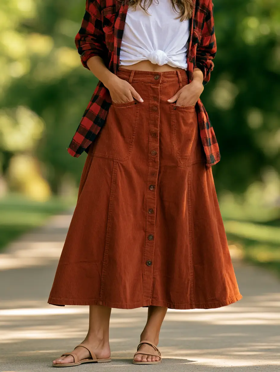 Detalle de falda de lino rojo óxido y bolso de cuero, tendencia ropa modesta online.