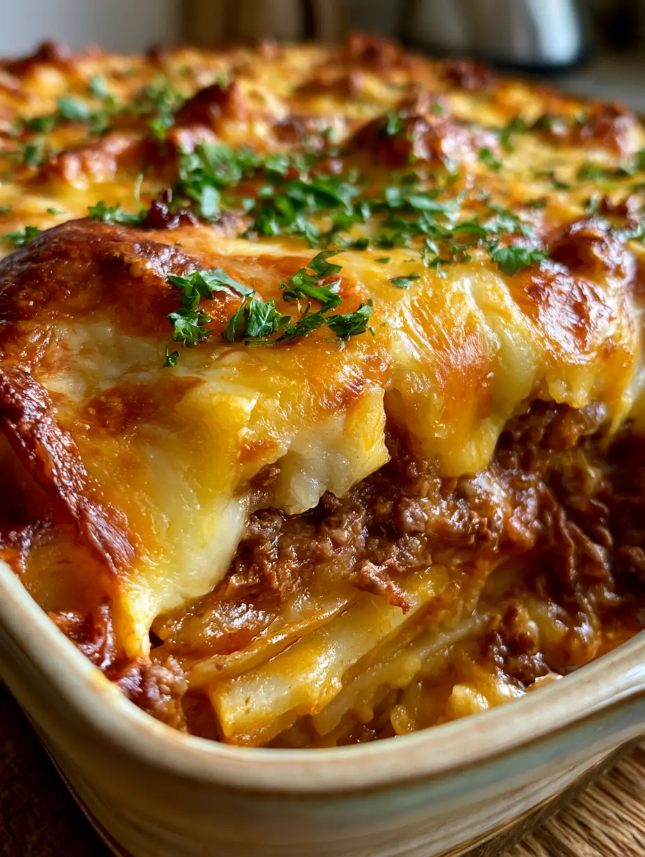 Cacerola Carne y Patatas: El Gratinado de Queso Más Irresistible y Sabroso 3 Detalle de los bordes crujientes de queso y las capas de patatas finas en la cacerola carne y patatas.