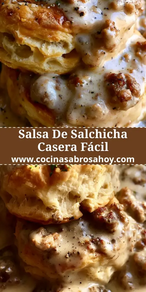 Salsa de salchicha: La receta definitiva para unos biscuits and gravy legendarios 4 Plano cenital de biscuits partidos bañados en una espesa salsa de salchicha con trozos de carne y perejil fresco.