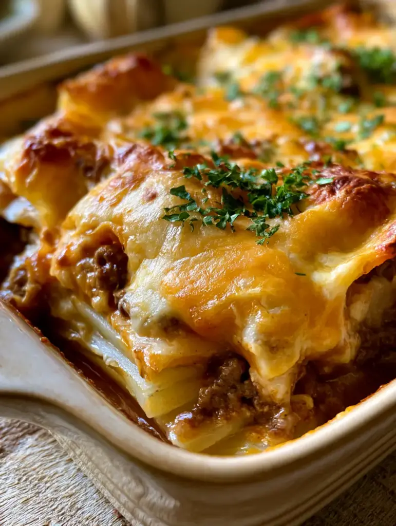 Cacerola Carne y Patatas: El Gratinado de Queso Más Irresistible y Sabroso 1 Porción de cacerola carne y patatas recién sacada del horno con vapor suave elevándose.
