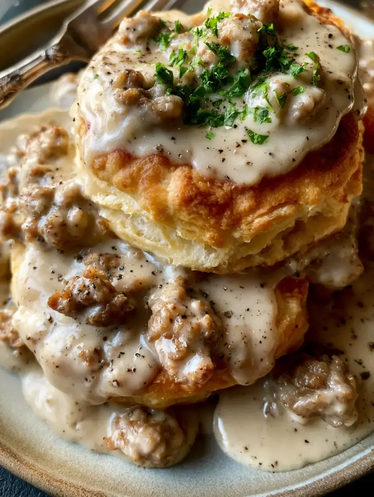 Salsa de salchicha: La receta definitiva para unos biscuits and gravy legendarios 1 Salsa de salchicha cremosa vertida sobre biscuits calientes con vapor ascendente.
