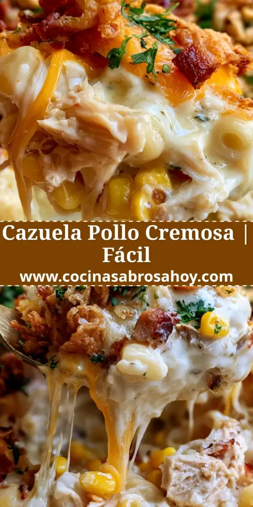 Primer plano de una cazuela de pollo con capas de pasta, maíz, queso cheddar derretido, tocino crujiente y cebollas fritas decorada con perejil.