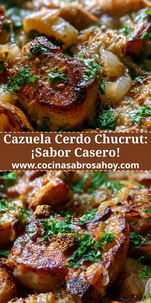Primer plano de una cazuela chuletas y chucrut humeante en una fuente de cerámica rústica con papas doradas y perejil fresco.