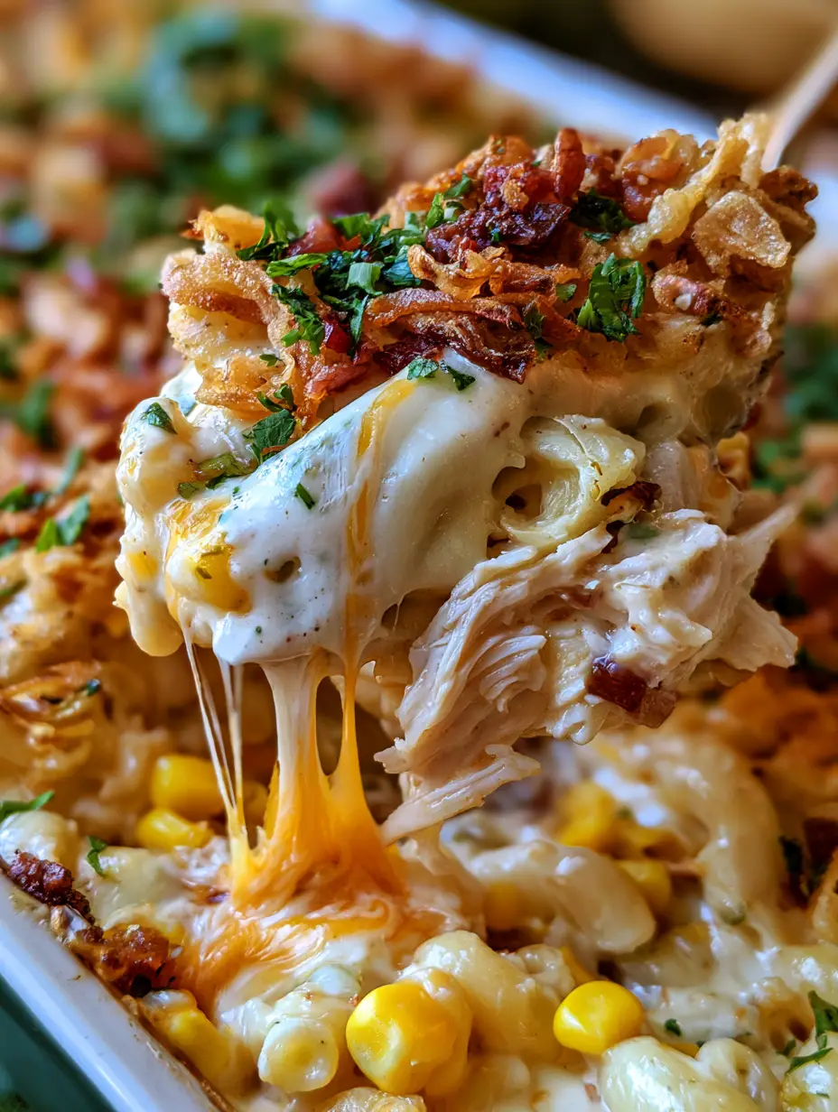 Cucharada de cazuela de pollo mostrando el queso cheddar elástico, los macarrones y los trozos de pollo tierno.