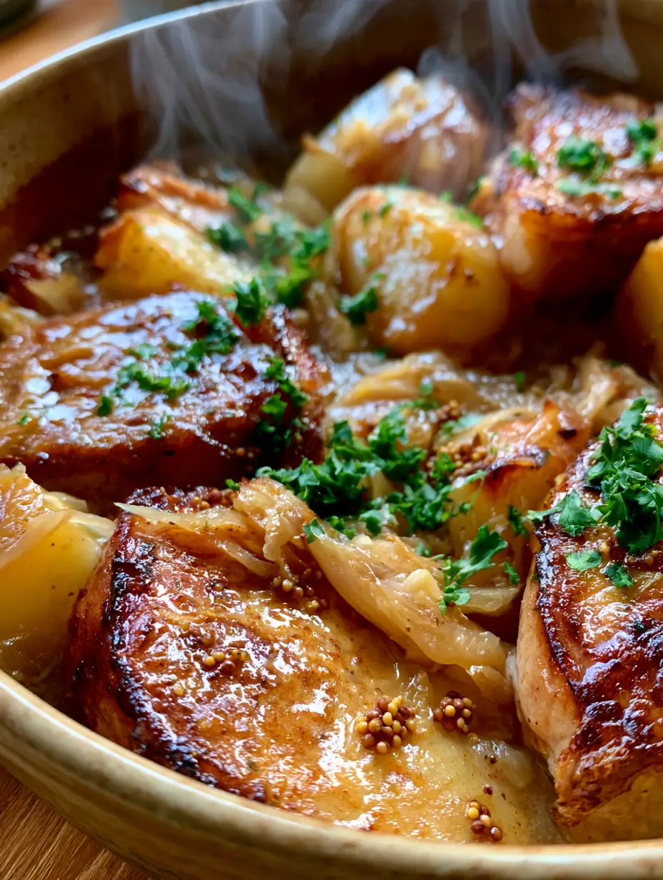 Chuletas de cerdo selladas con bordes caramelizados sobre una cama de chucrut brillante y papas asadas. (cazuela chuletas y chucrut)