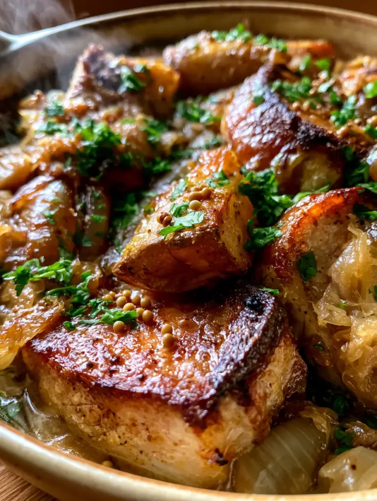 Cazuela rústica de chuletas con chucrut, cebollas traslúcidas y papas doradas vista desde arriba con vapor suave.