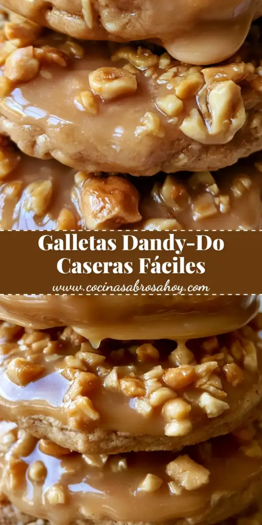 Primer plano de galletas dandy-do apiladas con glaseado de caramelo brillante y maní tostado sobre fondo de madera rústica.