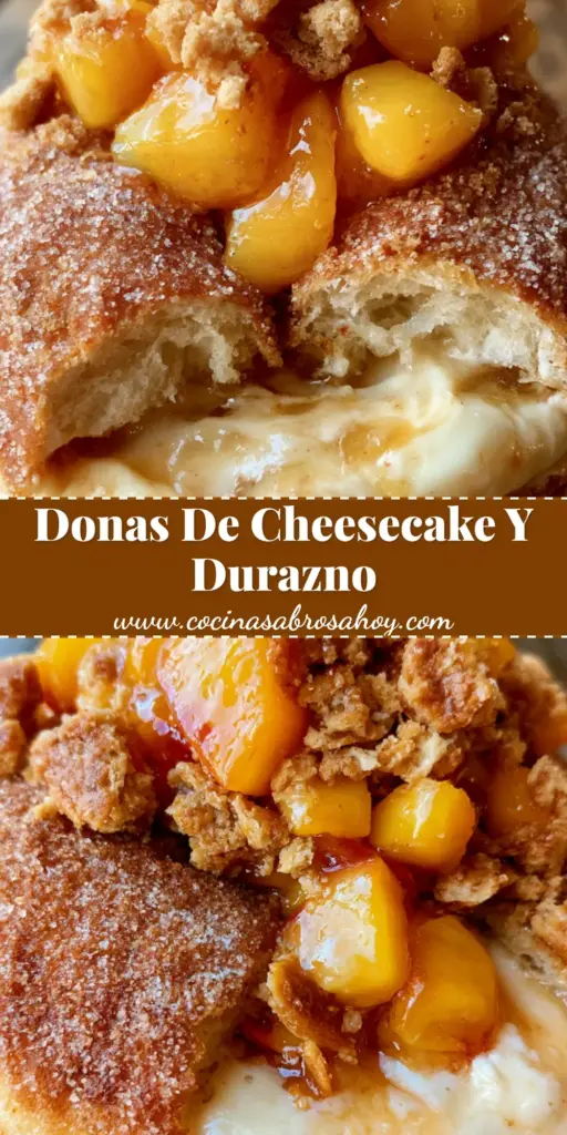 Primer plano de una enorme dona de cheesecake cubierta de azúcar, con duraznos frescos y trozos de galleta graham. (donas de cheesecake)