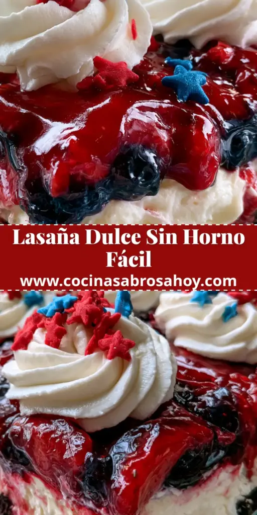 Lasaña Dulce de Frutos Rojos: El Postre Sin Horno Más Espectacular 4 Plano detallado de una lasaña dulce tricolor en molde de cristal con capas de chocolate, crema blanca y frutas rojas y azules decorada con estrellas. (lasaña dulce)