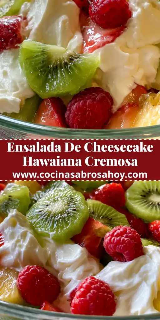 Primer plano de una ensalada de cheesecake servida en un bol de vidrio sobre mármol, mostrando crema batida espesa y frutas frescas como fresas y piña.