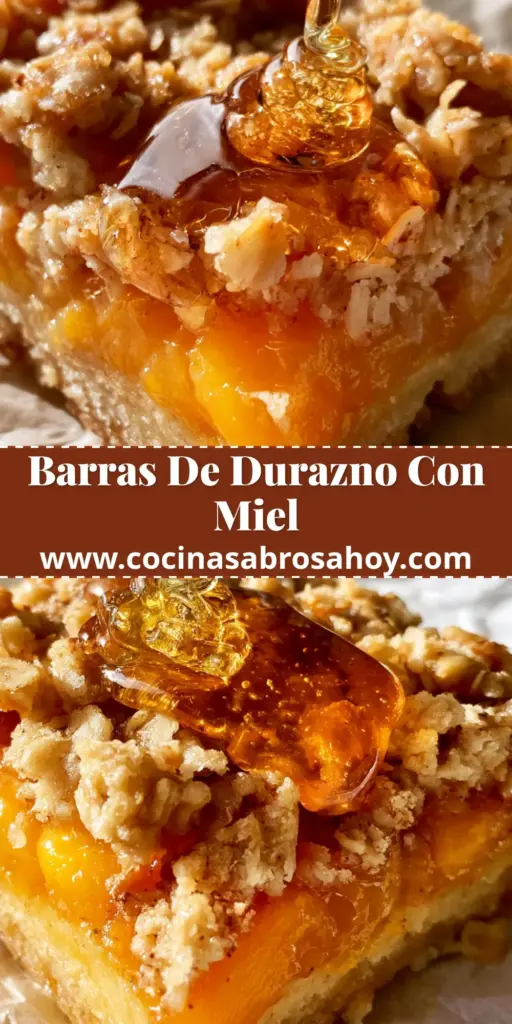 Primer plano de una barra de durazno con crumble de avena y un chorro de miel cayendo, sobre papel pergamino. (barras de durazno)
