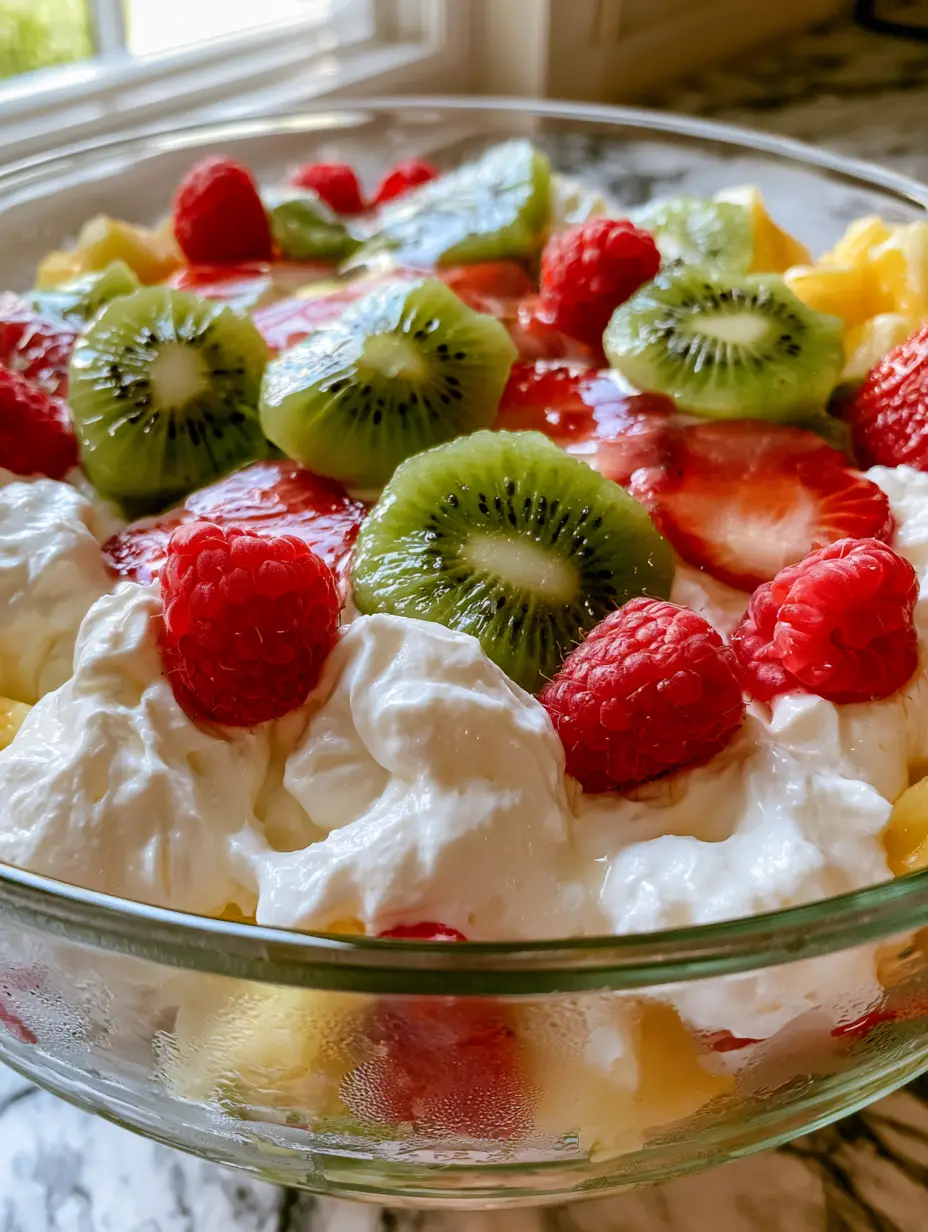 Foto casera de ensalada de cheesecake con picos de crema aterciopelada y trozos brillantes de kiwi y frambuesas.