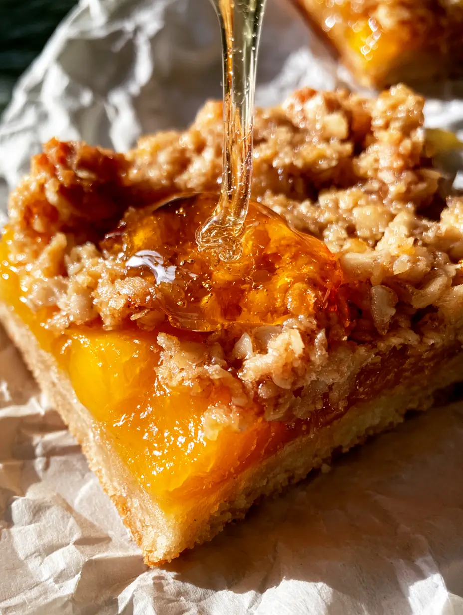 Vista cenital detallada de barras de durazno mostrando las capas de shortbread y fruta jammy. (barras de durazno)