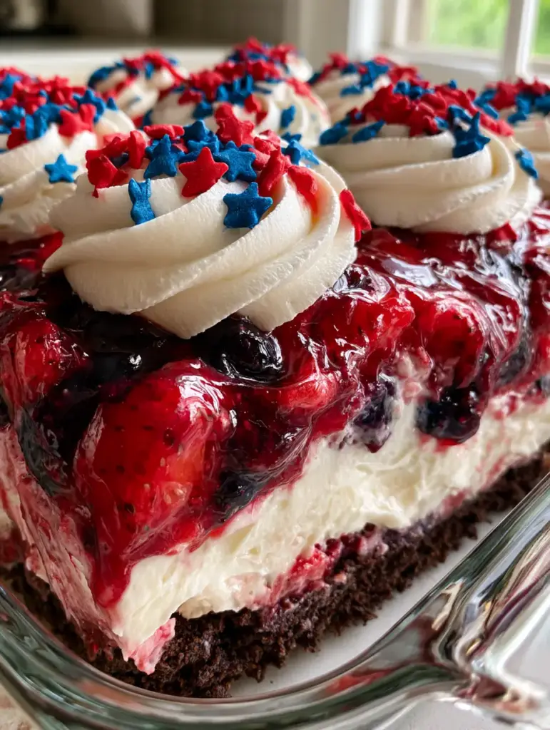 Lasaña Dulce de Frutos Rojos: El Postre Sin Horno Más Espectacular 1 Vista de ángulo alto de la lasaña dulce en un molde de cristal destacando los colores rojo, blanco y azul.