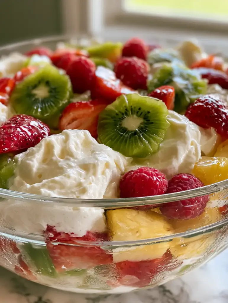 Primer plano extremo de ensalada de cheesecake mostrando la condensación en el bol de vidrio y la piña dorada.