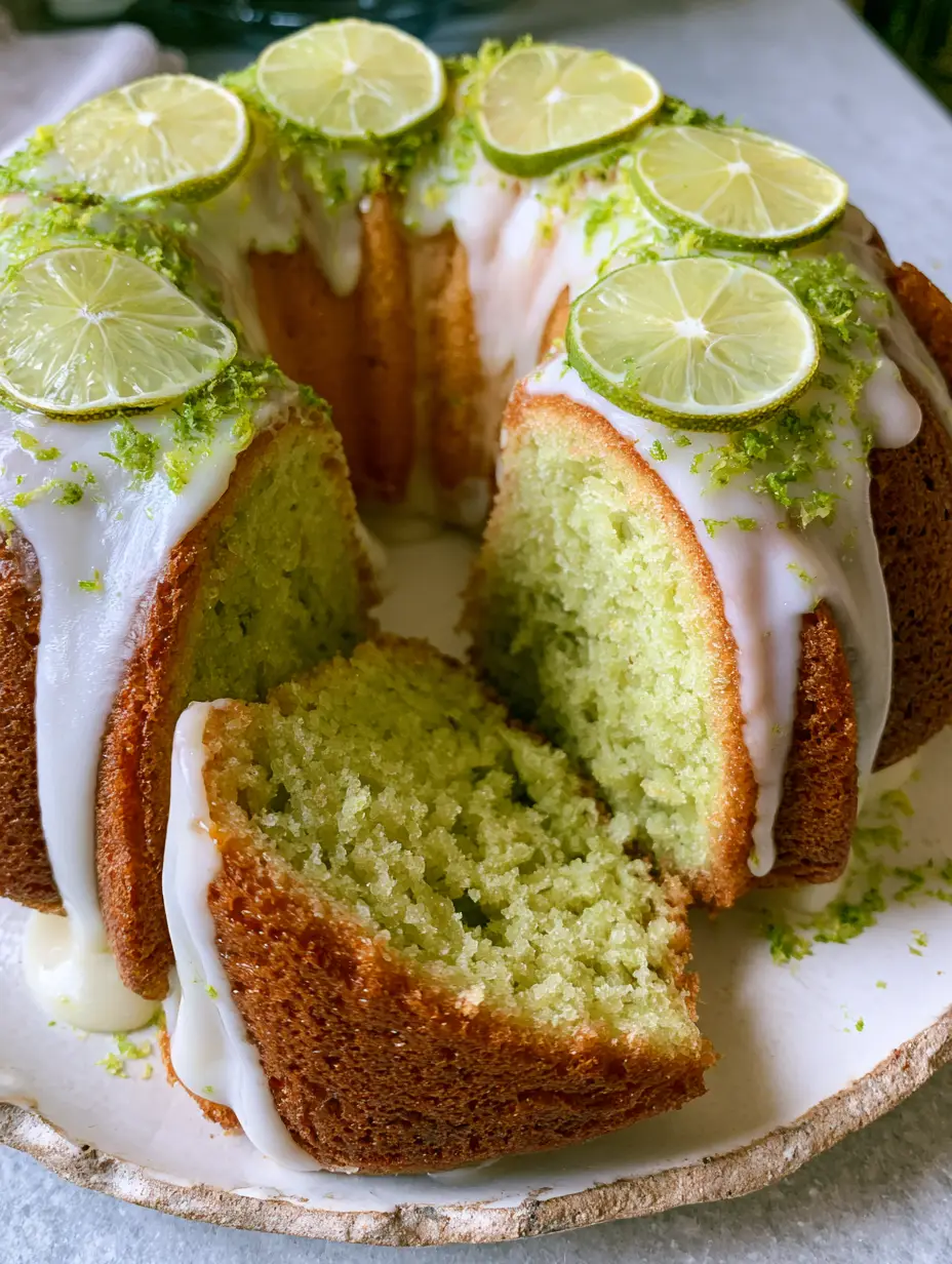 Rebanada de pastel de lima mostrando el interior verde brillante y la miga húmeda sobre un plato rústico. (pastel de lima)