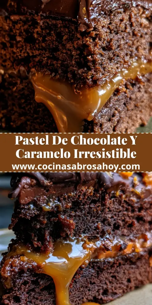 Primer plano de una rebanada de pastel de chocolate con caramelo salado fluyendo y toffee crujiente encima.