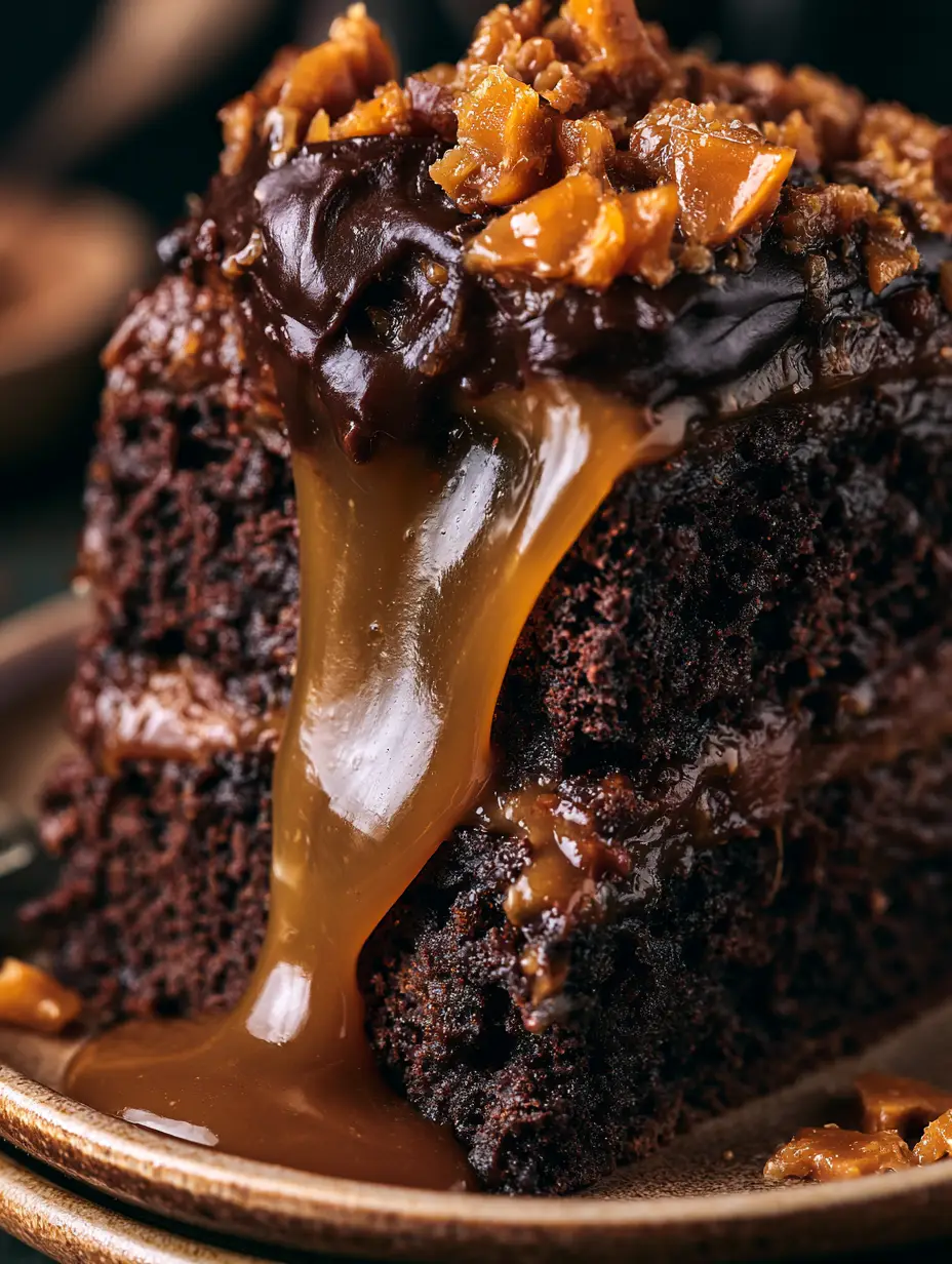 Fotografía ultra macro de un pastel de chocolate poroso con ganache y trozos de toffee ámbar. (pastel de chocolate)