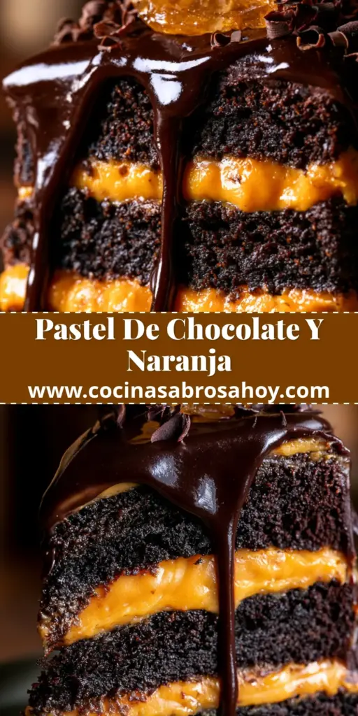 Corte de pastel chocolate y naranja mostrando las capas húmedas y el ganache brillante sobre un plato de cerámica blanca.