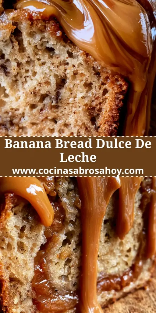 Pan de plátano con dulce de leche: El secreto para una miga ultra húmeda y caramelizada 4 Primer plano vertical de una rebanada de pan de plátano húmedo con hilos de dulce de leche sobre madera rústica.