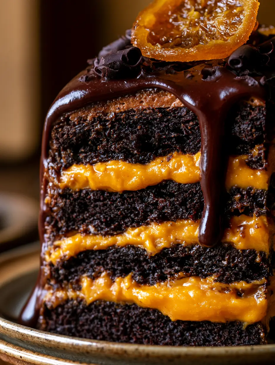 Macro de las capas de bizcocho oscuro y crema de naranja vibrante de un pastel chocolate y naranja.