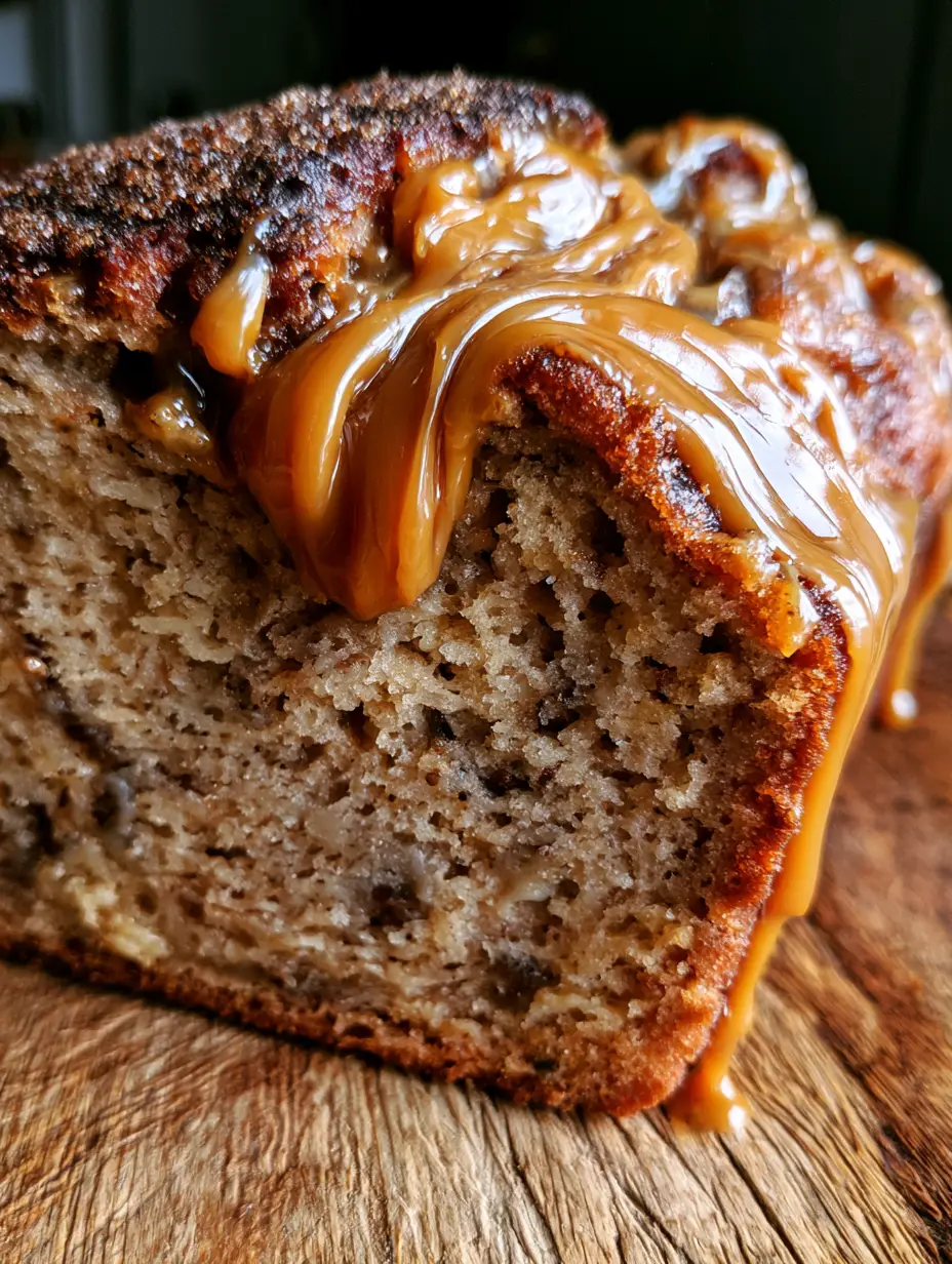 Pan de plátano con dulce de leche: El secreto para una miga ultra húmeda y caramelizada 3 Primer plano extremo de la miga tierna y el dulce de leche goteando en un pan de plátano caliente.
