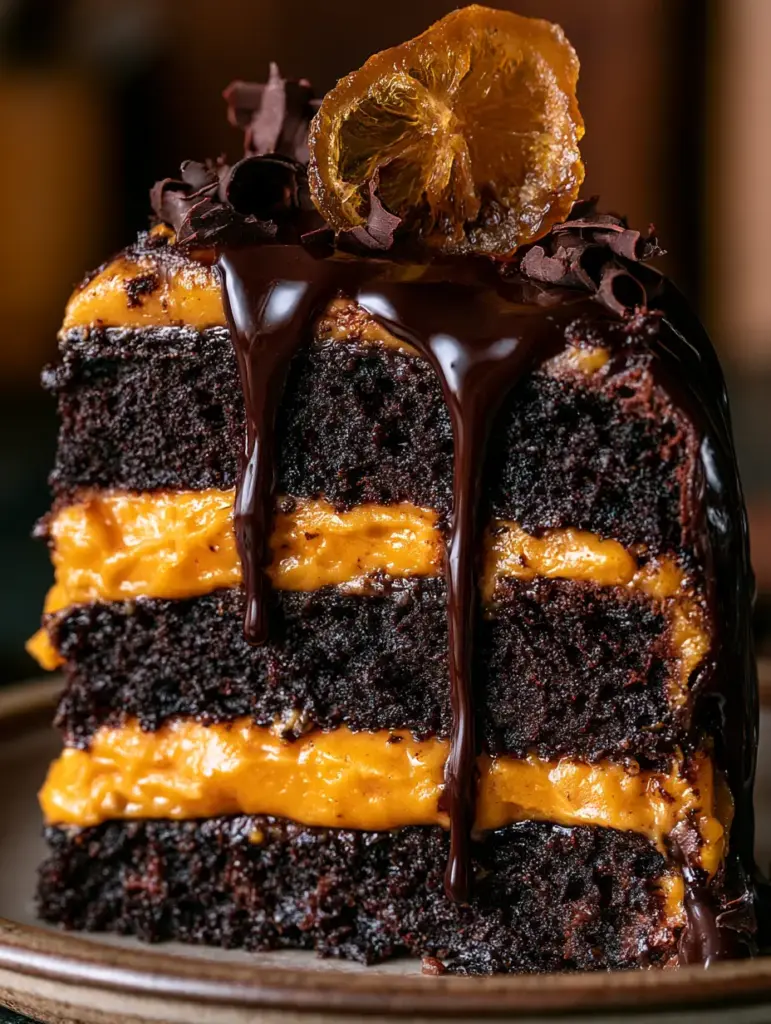 Goteo de ganache de chocolate negro sobre pastel chocolate y naranja con luz natural.