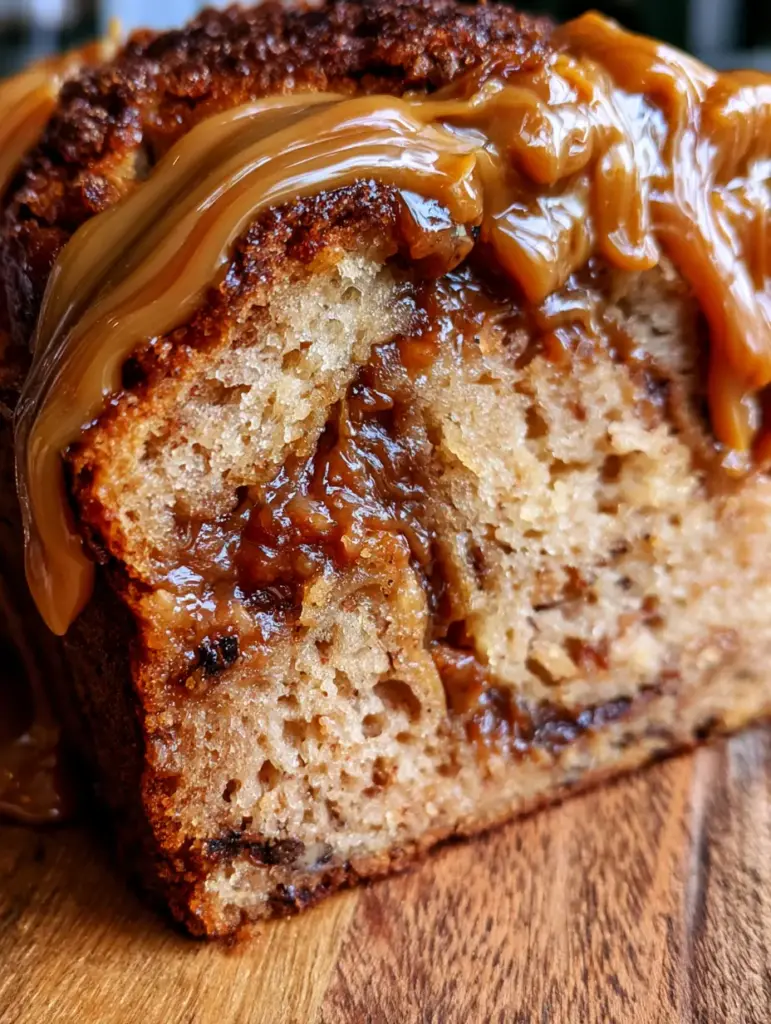 Pan de plátano con dulce de leche: El secreto para una miga ultra húmeda y caramelizada 1 Rebanada de pan de plátano mostrando la costra caramelizada y motas oscuras de fruta.