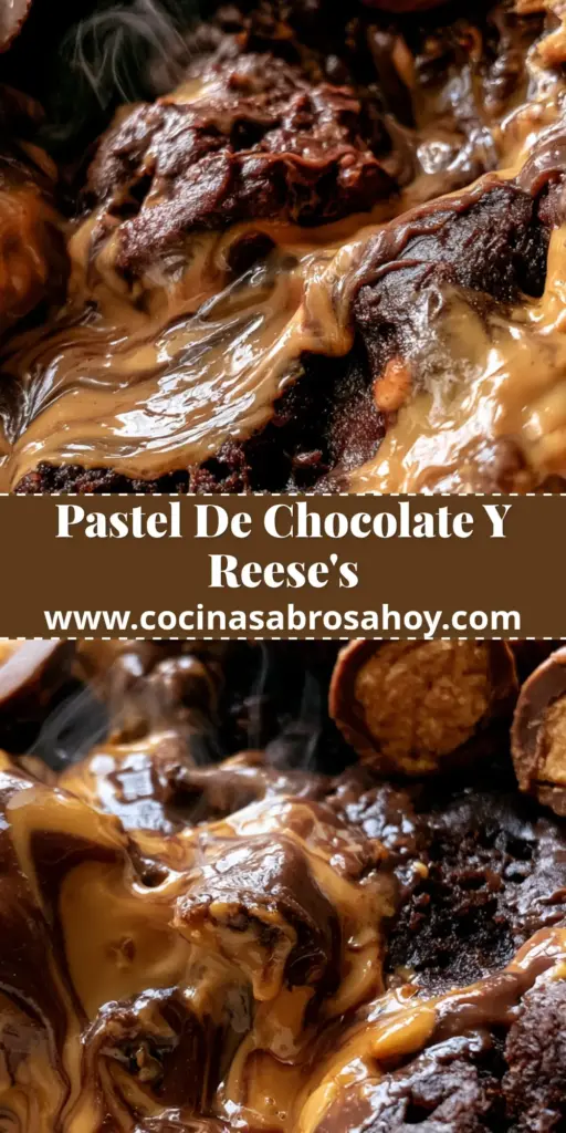 Primer plano de un pastel volcado de chocolate caliente con remolinos de mantequilla de maní y Reese's cortados en un bol blanco. (pastel volcado de chocolate)