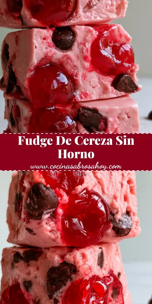 Pila de fudge de cereza rosa con trozos de chocolate oscuro y cerezas brillantes sobre fondo de mármol. (fudge de cereza)