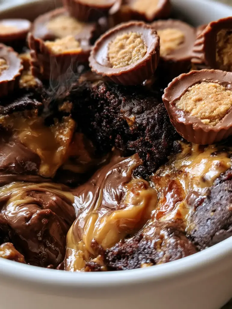 Detalle de Reese's Peanut Butter Cups cortados sobre un pastel de chocolate con vapor ascendente.