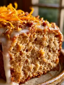 Corte de una rebanada gruesa de pastel naranja y avellana mostrando la miga húmeda y el glaseado cayendo.