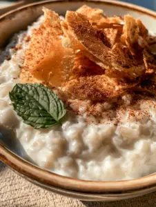 Foto macro de arroz con leche coco mostrando la cremosidad de los granos y fragmentos de coco dorado.