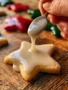 Mano usando una cuchara de plata para verter glaseado para galletas blanco y espeso sobre una estrella.