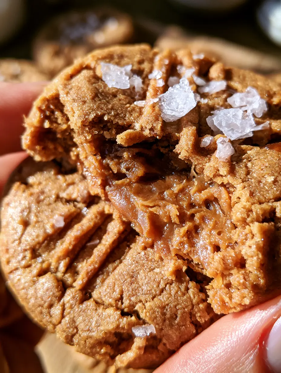 Primer plano de una galleta de avena maní siendo partida a la mitad mostrando un centro chicloso y denso.