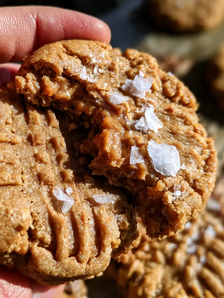 Detalle de las marcas de tenedor y las escamas de sal sobre las galletas de avena maní bajo luz natural.