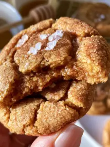 Mano sosteniendo una galleta miel y canela mostrando el centro suave y masticable.