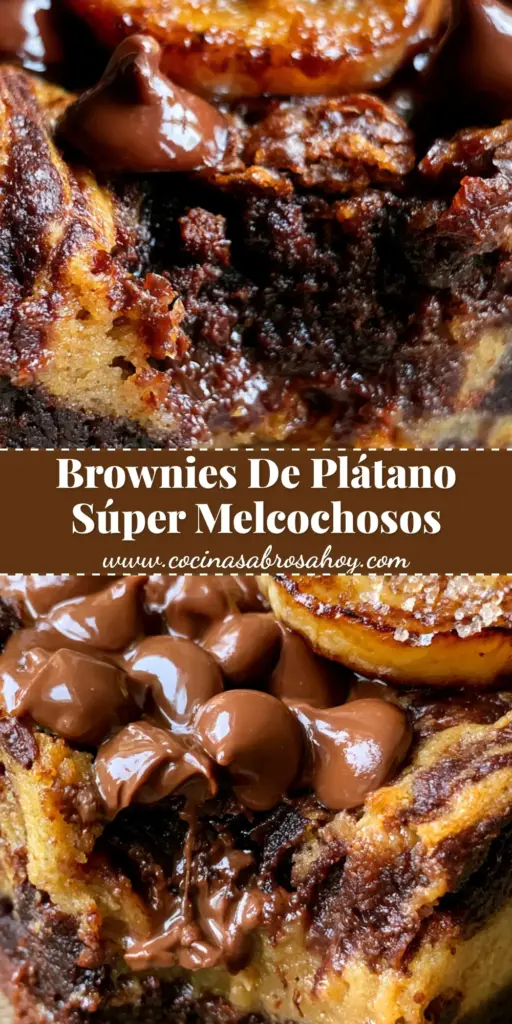 Primer plano de brownies de plátano con chispas de chocolate derretidas y rodajas de plátano caramelizadas encima.