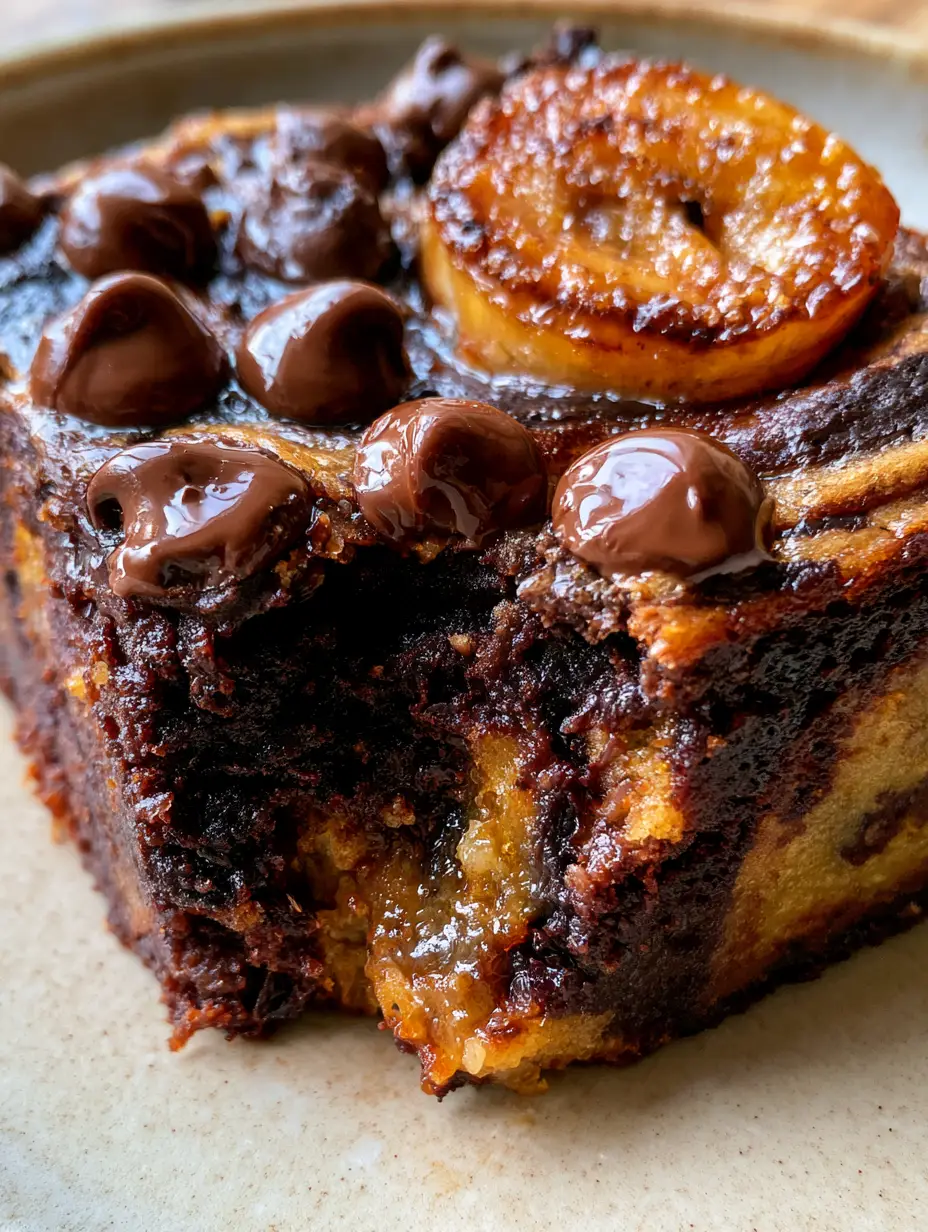 Foto macro de un brownie de plátano grueso con textura húmeda y centro pegajoso visible tras un mordisco. (brownies de plátano)