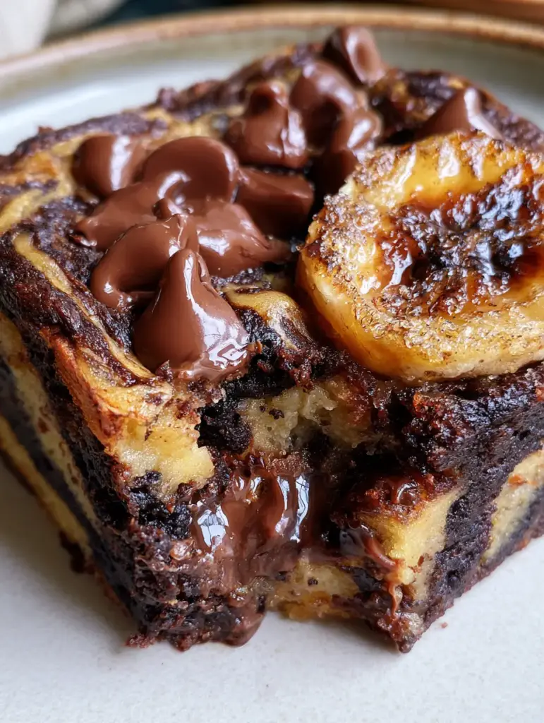 Vista de cerca de los remolinos dorados de plátano y masa oscura de chocolate en un brownie gourmet.