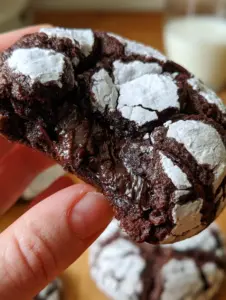 Mano sosteniendo una galleta crinkle chocolate abierta revelando un interior tipo brownie húmedo.