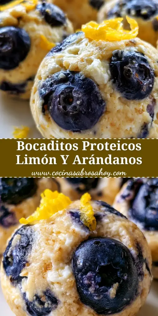 Bocaditos de limón con arándanos y requesón: El snack proteico definitivo 4 Plato con bocaditos de limón esféricos, decorados con ralladura amarilla y rellenos de arándanos frescos sobre fondo minimalista.
