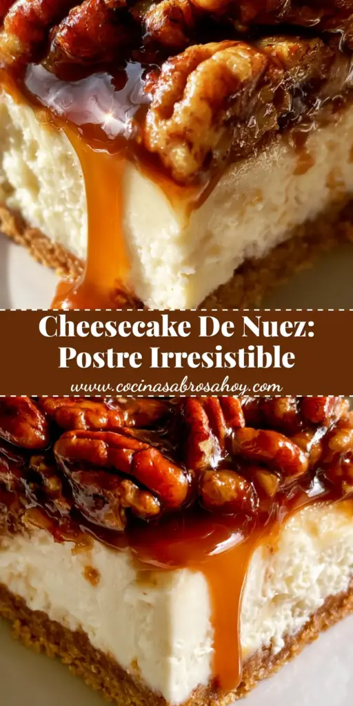 Primer plano de un cheesecake pay de nuez con capas visibles y caramelo brillante chorreando.