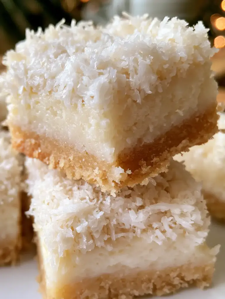 Cuadraditos de coco y ron: El secreto para lograr capas gourmet perfectas y cremosas 1 Vista vertical de los cuadraditos de coco resaltando el coco rallado grueso y los cristales de azúcar.