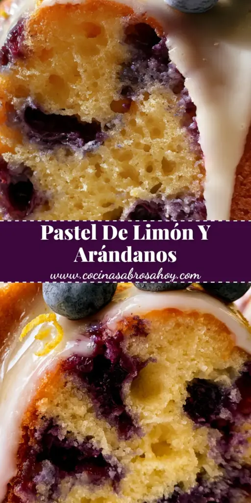 Vista superior de un pastel limón y arándanos en molde Bundt con glaseado blanco espeso y arándanos frescos.