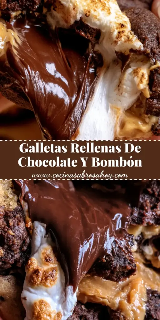 Primer plano de galletas chocolate crema cacahuate recién horneadas con malvavisco derretido y trozos de chocolate.