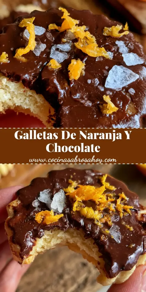 Primer plano de galletas mantequilla naranja chocolate parcialmente mordidas con bordes acanalados, sal marina y ralladura de naranja sobre chocolate derretido.